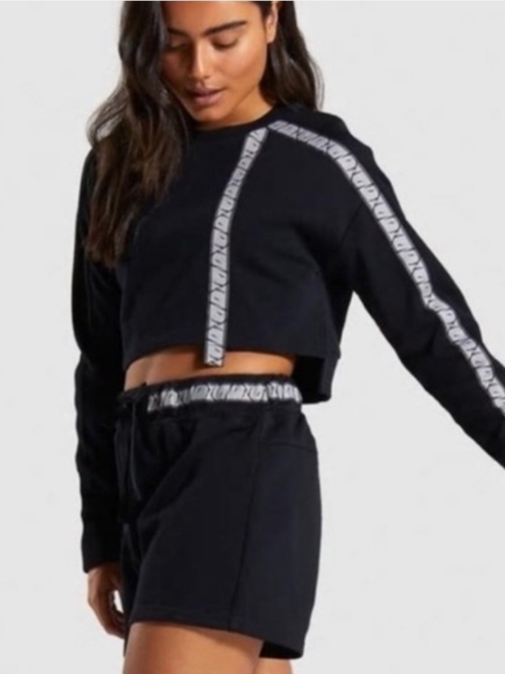 Gymshark Black Cropped Sweatshirt Side Vents Grey Bolt Logo Tape Size S